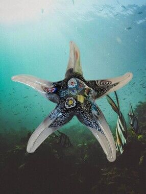 Glass Starfish Handblown Paperweight Millefiori Design Shimmering Glitter Accent